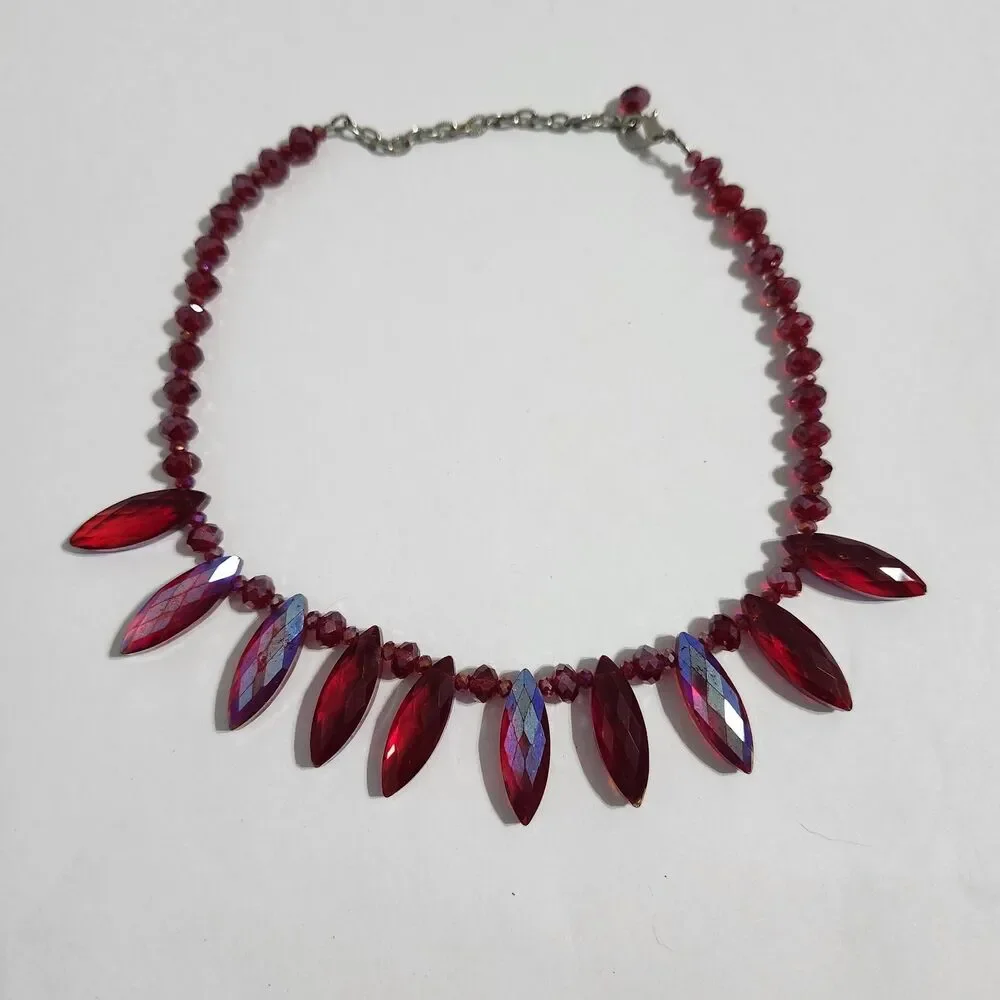 Faceted Acrylic Beaded Shiny Iridescent Statement Necklace Adjustable Red